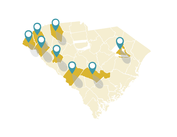 State of South Carolina with specific counties pinpointed.