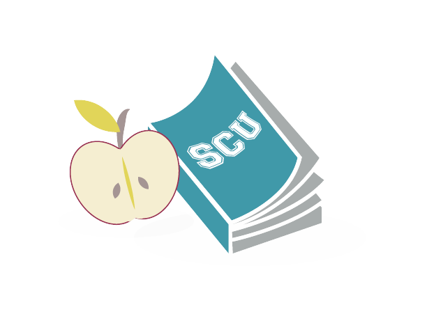 A textbook and half an apple.