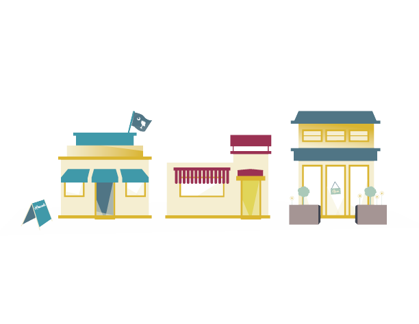 A graphic of three businesses lined up next to each other.
